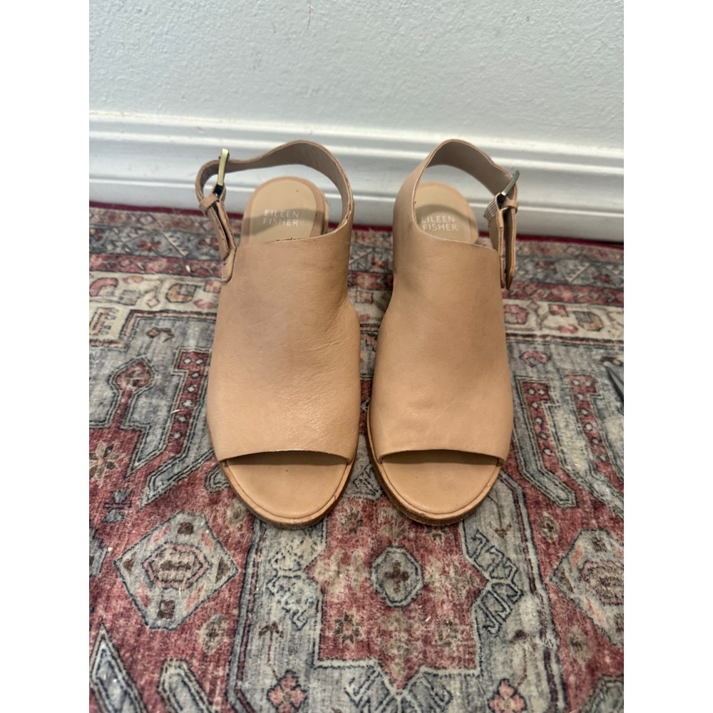 Eileen Fisher Tan Leather Block Heel Slingback Sandals Open Toe Nude 6.5 - Picture 1 of 7